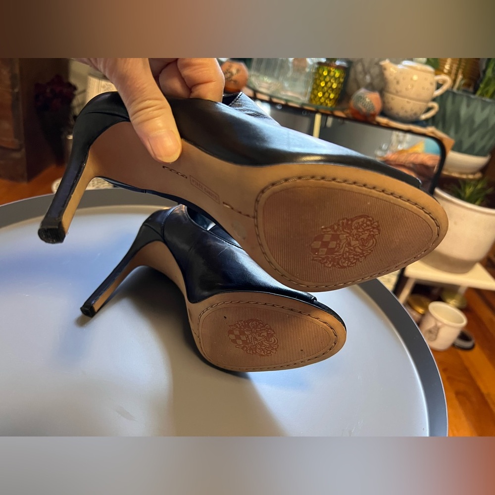 Vince Camuto Black Leather Peep-Toe Ankle-Strap Stilettos - Picture 2 of 16